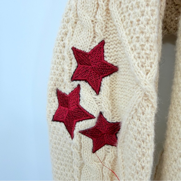 Hand Knitted Beige Cardigan With Red Stars Over Sized Medium - Picture 5 of 7